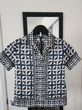 Reiss Geometric Print Short Sleeve Button Front Blouse Retro Mod Top